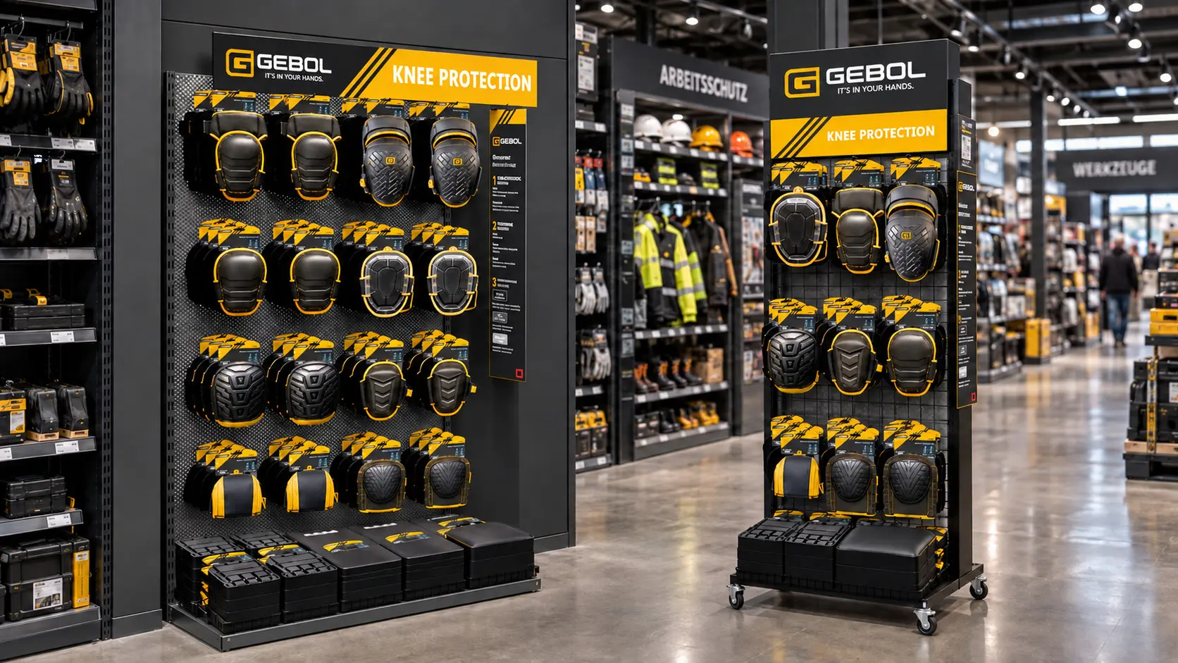GEBOL Wandpräsentation für das Knieschutz-Sortiment im Bau- und Fachmarkt
